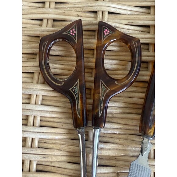 Antique 20's Faux Tortoise Carved Celluloid Painted Flowers Vanity set - Picture 14 of 15